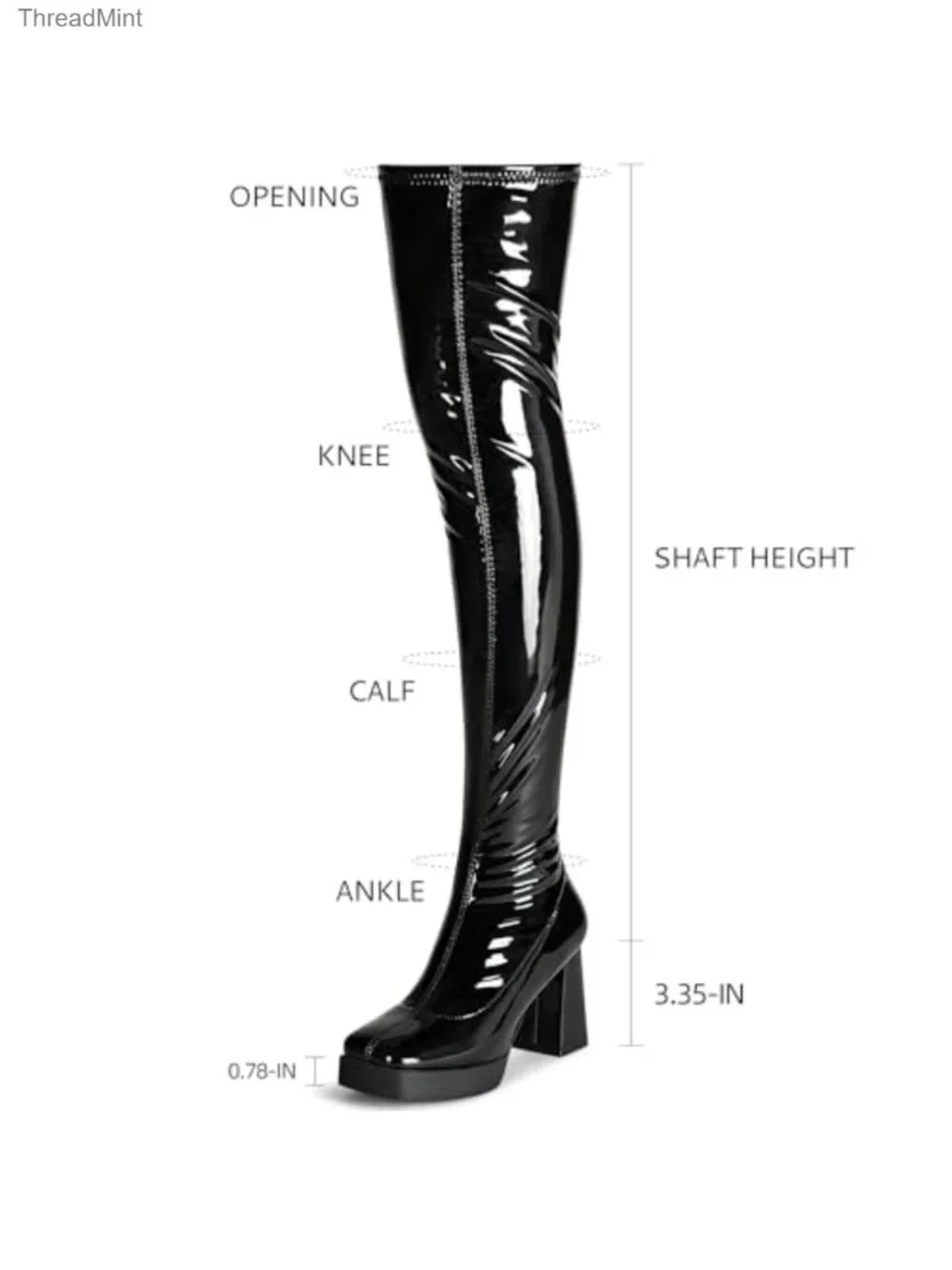 Women's Platform Thigh High Boots Square Toe Chunky Heels Patent Leather PU